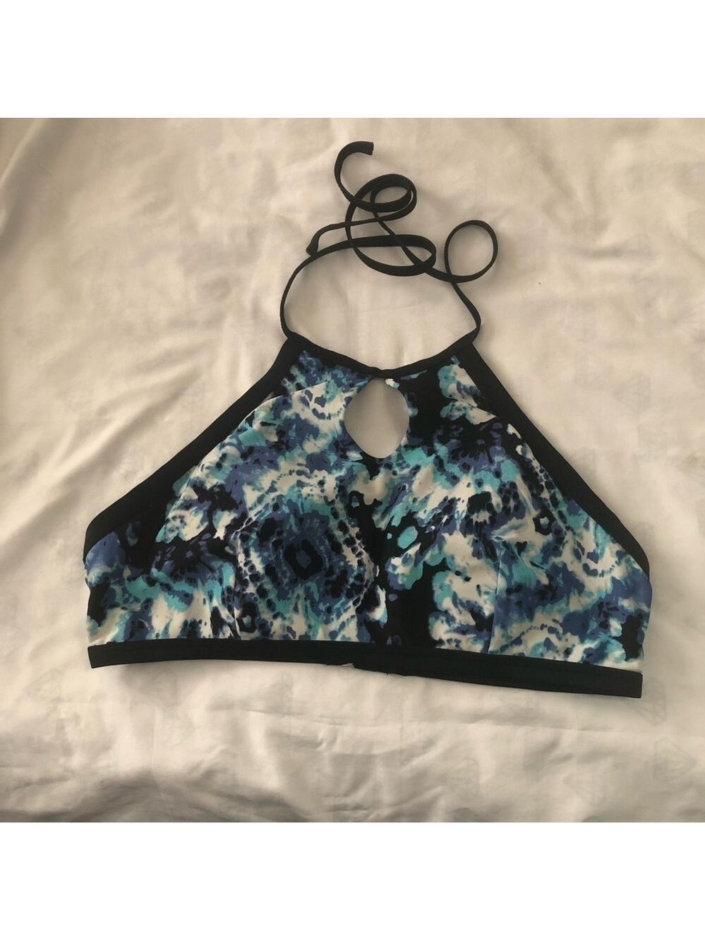 Black/blue/white Tie Dye Halter Bikini Top Size Large